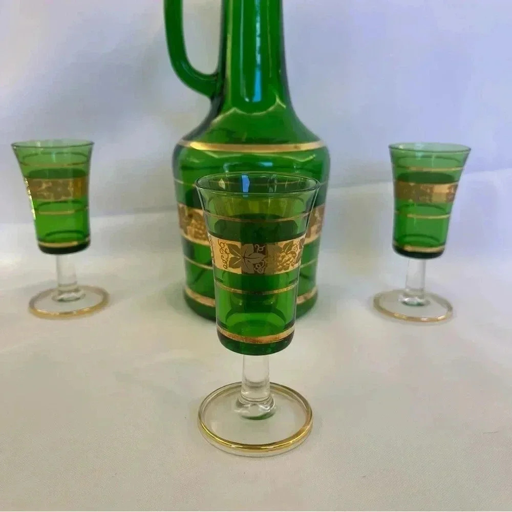 Vintage Green Glass Decanter and 3 Cups - Picture 2 of 6